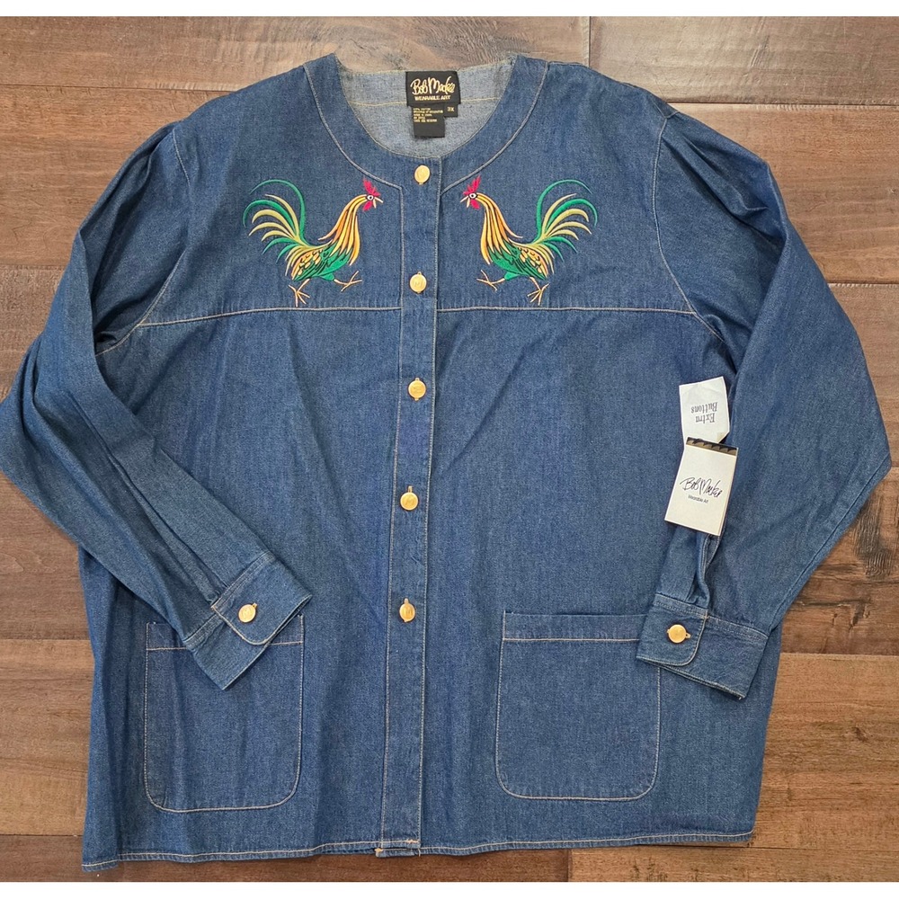 VTG Whimsical Farm Cottagecore Chic Art Denim Rooster Jacket Embroidered  3X NWT